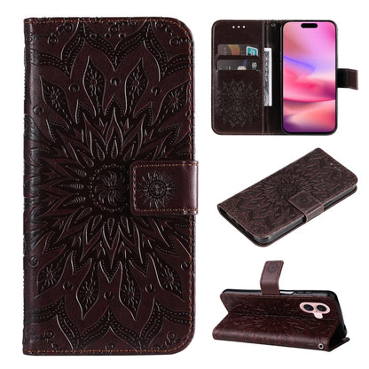 For iPhone 16 Embossed Sunflower Pattern Flip Leather Phone Case(Brown) - iPhone 16 Cases by buy2fix | Online Shopping UK | buy2fix