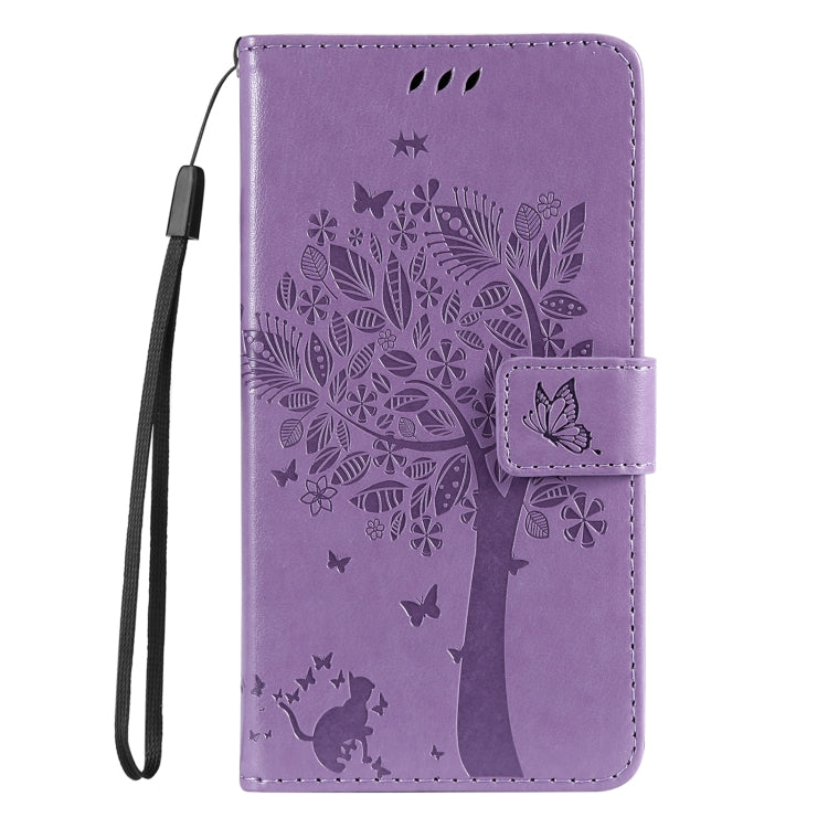 For iPhone 16 Pro Max Tree & Cat Embossed Pattern Flip Leather Phone Case(Light Purple) - iPhone 16 Pro Max Cases by buy2fix | Online Shopping UK | buy2fix