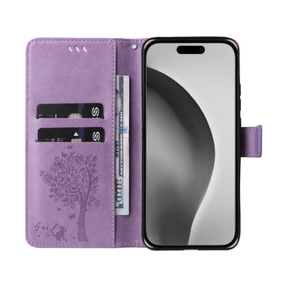 For iPhone 16 Pro Max Tree & Cat Embossed Pattern Flip Leather Phone Case(Light Purple) - iPhone 16 Pro Max Cases by buy2fix | Online Shopping UK | buy2fix