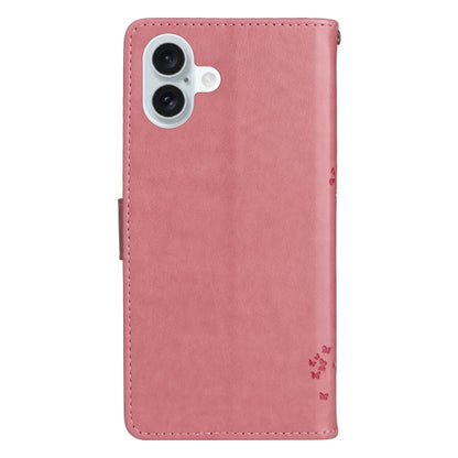 For iPhone 16 Plus Tree & Cat Embossed Pattern Flip Leather Phone Case(Pink) - iPhone 16 Plus Cases by buy2fix | Online Shopping UK | buy2fix