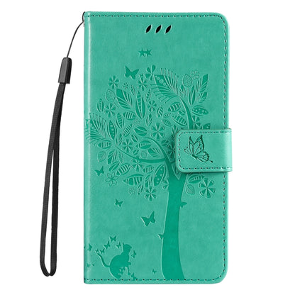 For iPhone 16 Plus Tree & Cat Embossed Pattern Flip Leather Phone Case(Green) - iPhone 16 Plus Cases by buy2fix | Online Shopping UK | buy2fix