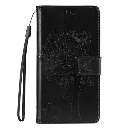 For iPhone 16 Tree & Cat Embossed Pattern Flip Leather Phone Case(Black) - iPhone 16 Cases by buy2fix | Online Shopping UK | buy2fix