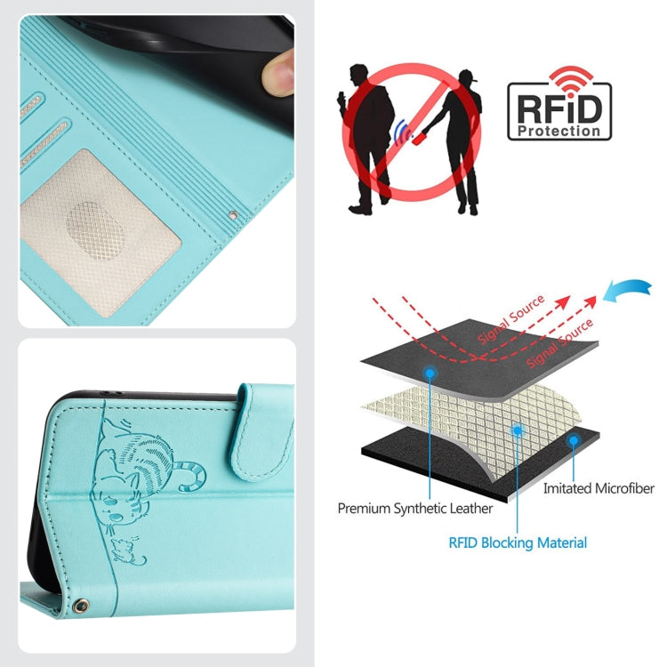 For OPPO Reno11 F 5G Global Cat Rat Embossed Pattern RFID Leather Phone Case with Lanyard(Mint Green) - Reno11 F Cases by buy2fix | Online Shopping UK | buy2fix