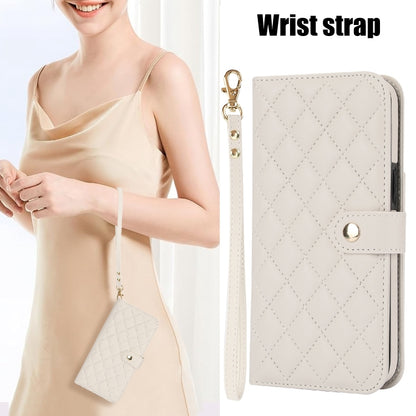 For iPhone 16 Crossbody Multifunction Rhombic Leather Phone Case(White) - iPhone 16 Cases by buy2fix | Online Shopping UK | buy2fix