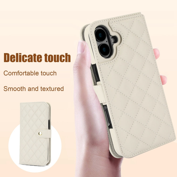 For iPhone 16 Crossbody Multifunction Rhombic Leather Phone Case(White) - iPhone 16 Cases by buy2fix | Online Shopping UK | buy2fix