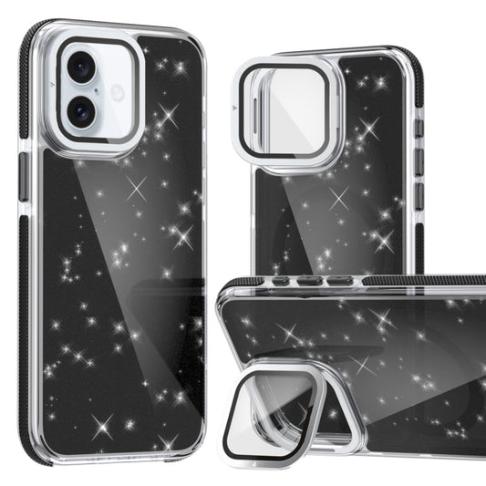 For iPhone 16 Two-color Glitter Powder Lens Holder Magsafe Phone Case(Black) - iPhone 16 Cases by buy2fix | Online Shopping UK | buy2fix