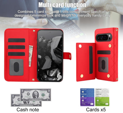 For Google Pixel 9 Crossbody Multifunction Rhombic Leather Phone Case(Red) - Google Cases by buy2fix | Online Shopping UK | buy2fix