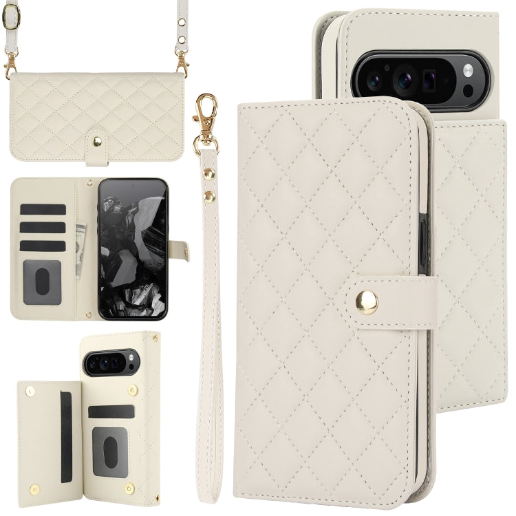 For Google Pixel 9 Pro XL Crossbody Multifunction Rhombic Leather Phone Case(White) - Google Cases by buy2fix | Online Shopping UK | buy2fix