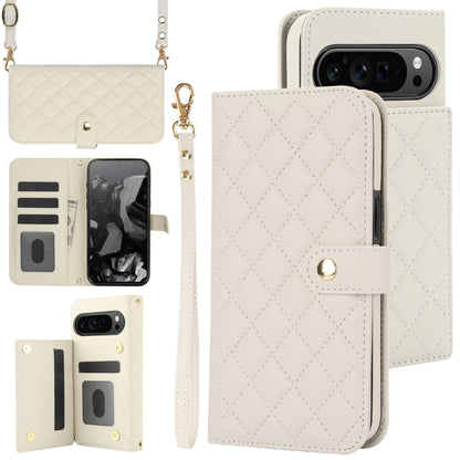 For Google Pixel 9 Pro XL Crossbody Multifunction Rhombic Leather Phone Case(White) - Google Cases by buy2fix | Online Shopping UK | buy2fix