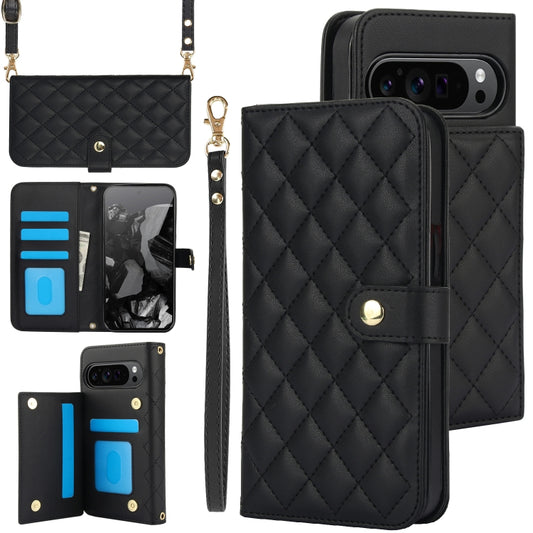 For Google Pixel 9 Pro XL Crossbody Multifunction Rhombic Leather Phone Case(Black) - Google Cases by buy2fix | Online Shopping UK | buy2fix