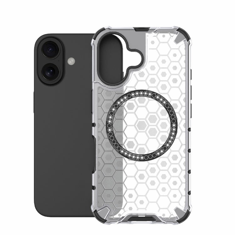 For iPhone 16 Honeycomb Magnetic Ring Shockproof Phone Case(White) - iPhone 16 Cases by buy2fix | Online Shopping UK | buy2fix