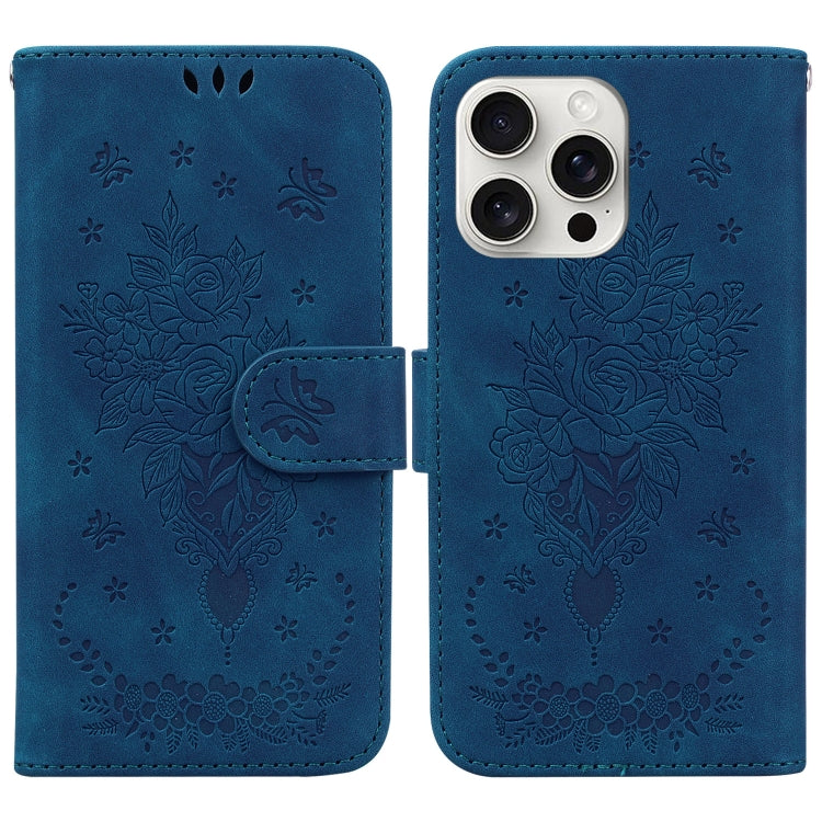 For iPhone 16 Pro Max Butterfly Rose Embossed Leather Phone Case(Blue) - iPhone 16 Pro Max Cases by buy2fix | Online Shopping UK | buy2fix