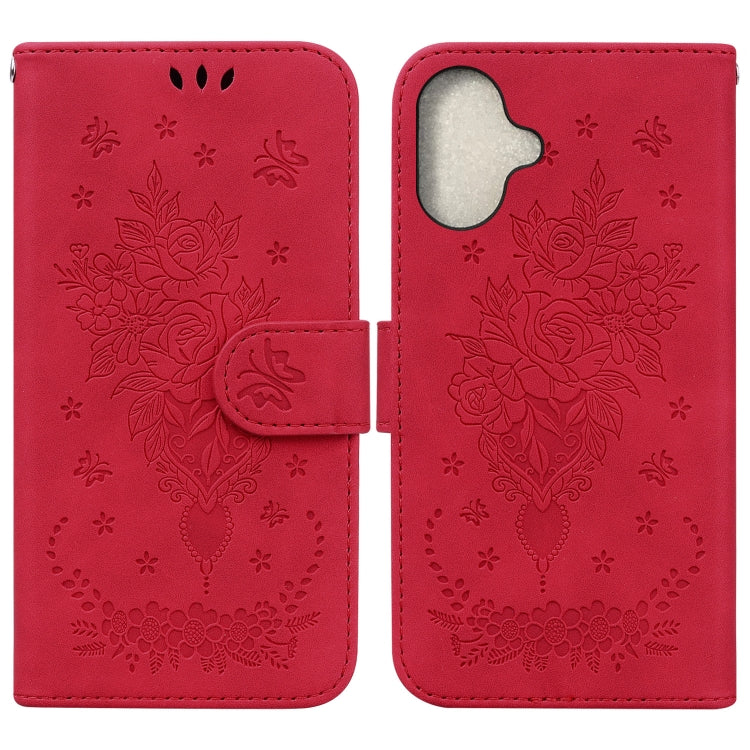 For iPhone 16 Plus Butterfly Rose Embossed Leather Phone Case(Red) - iPhone 16 Plus Cases by buy2fix | Online Shopping UK | buy2fix