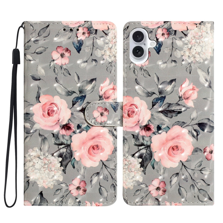 For iPhone 16 Plus 3D Pattern Leather Phone Case(Gray Base Flower) - iPhone 16 Plus Cases by buy2fix | Online Shopping UK | buy2fix