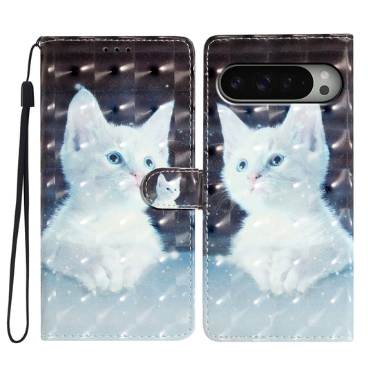 For Google Pixel 9 Pro XL 3D Pattern Leather Phone Case(White Cat) - Google Cases by buy2fix | Online Shopping UK | buy2fix