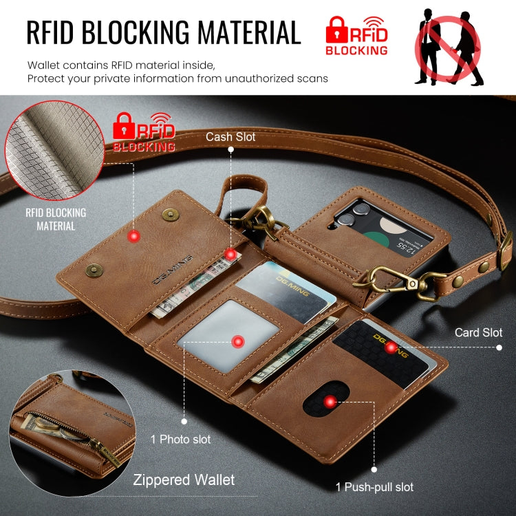 For Samsung Galaxy Z Flip4 5G DG.MING M5 Series Zip RFID Multi Card Detachable Leather Phone Case with Long Lanyard(Brown) - Galaxy Z Flip4 5G Cases by DG.MING | Online Shopping UK | buy2fix