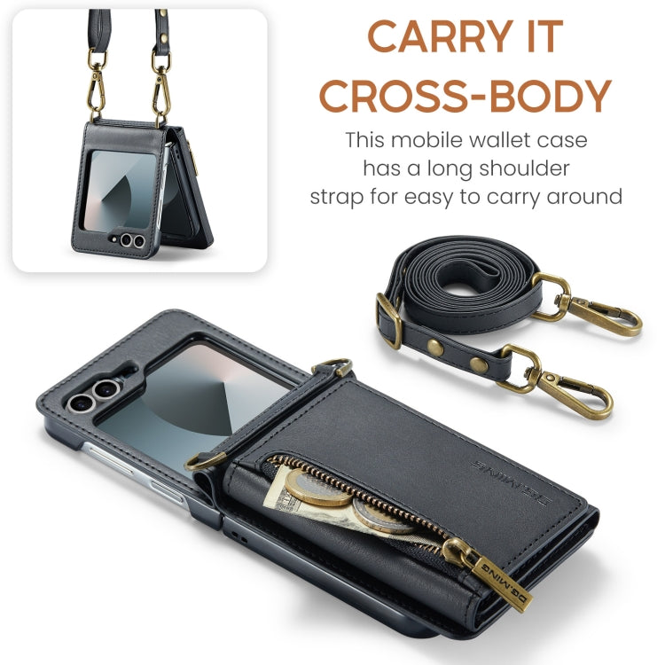 For Samsung Galaxy Z Flip6 DG.MING M5 Series Zip RFID Multi Card Detachable Leather Phone Case with Long Lanyard(Black) - Galaxy Z Flip6 5G Cases by DG.MING | Online Shopping UK | buy2fix