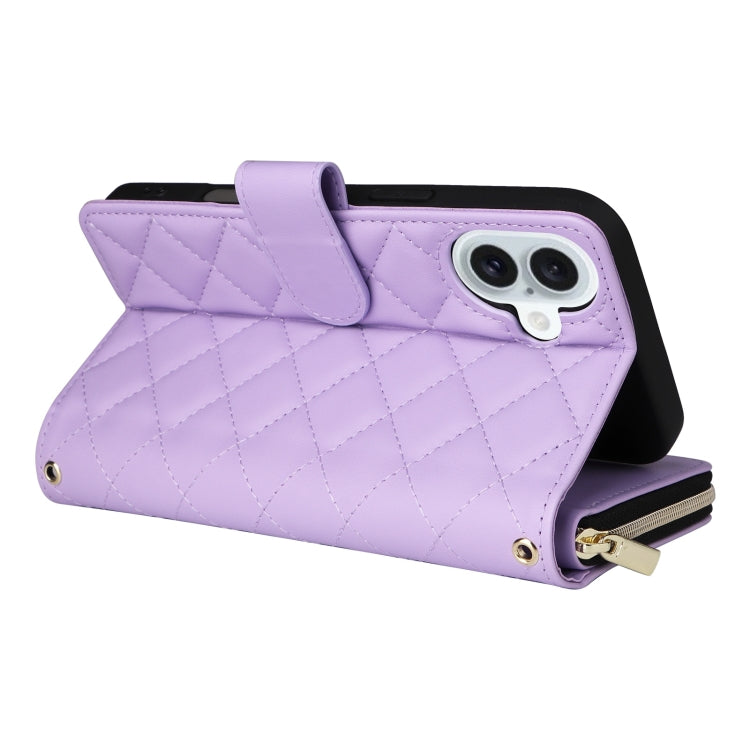 For iPhone 16 Plus Crossbody Rhombic Zipper Tower Buckle Leather Phone Case with Lanyard(Purple) - iPhone 16 Plus Cases by buy2fix | Online Shopping UK | buy2fix