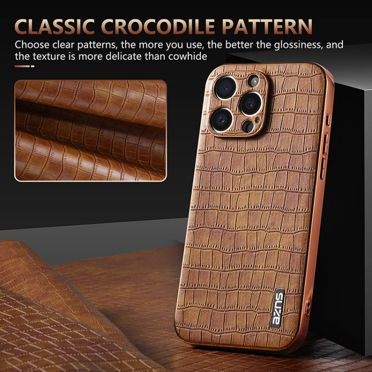 For iPhone 16 Pro AZNS Electroplated Frame Crocodile Texture Full Coverage Phone Case(Brown) - iPhone 16 Pro Cases by AZNS | Online Shopping UK | buy2fix