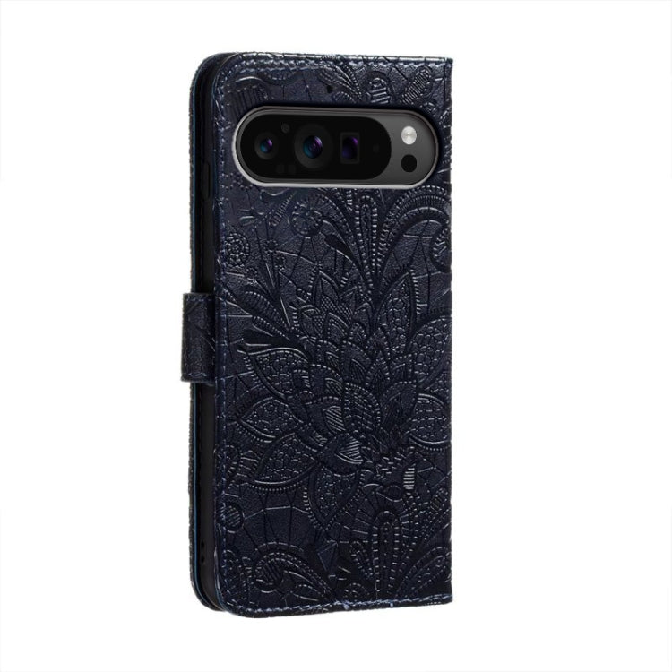 For Google Pixel 9 Pro Lace Flower Embossing Flip Leather Phone Case(Dark Blue) - Google Cases by buy2fix | Online Shopping UK | buy2fix