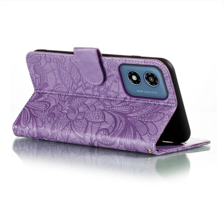 For Motorola Moto G Play 2024 Lace Flower Embossing Flip Leather Phone Case(Purple) - Motorola Cases by buy2fix | Online Shopping UK | buy2fix