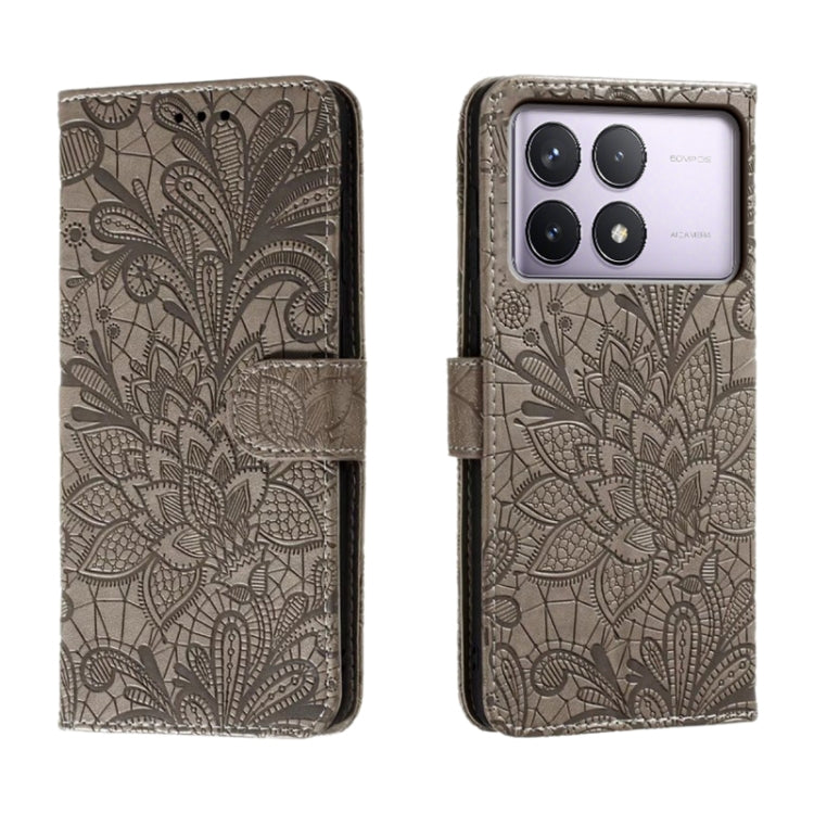 For Xiaomi Redmi K70 Lace Flower Embossing Flip Leather Phone Case(Grey) - K70 Cases by buy2fix | Online Shopping UK | buy2fix