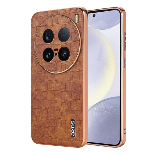 For vivo X100 Ultra AZNS Electroplated Frame Crocodile Texture Full Coverage Phone Case(Brown) - vivo Cases by AZNS | Online Shopping UK | buy2fix