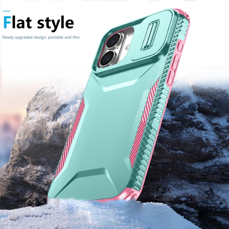 For iPhone 16 Sliding Camshield Phone Case(Grey Green + Pink) - iPhone 16 Cases by buy2fix | Online Shopping UK | buy2fix