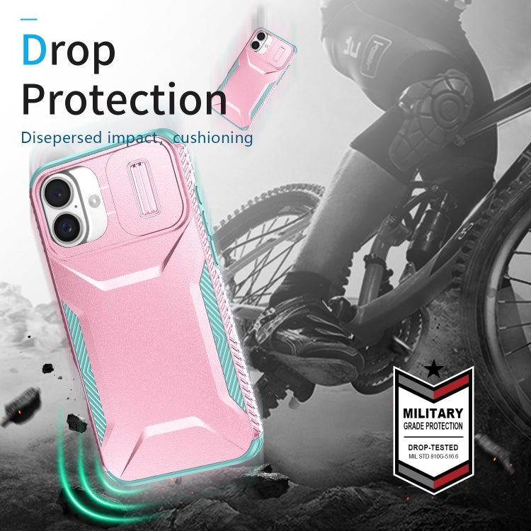 For iPhone 16 Plus Sliding Camshield Phone Case(Pink + Grey Green) - iPhone 16 Plus Cases by buy2fix | Online Shopping UK | buy2fix