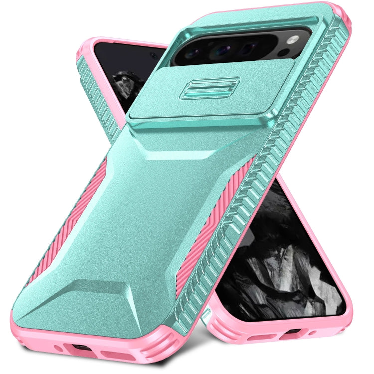 For Google Pixel 9 Pro XL Sliding Camshield Phone Case(Grey Green + Pink) - Google Cases by buy2fix | Online Shopping UK | buy2fix