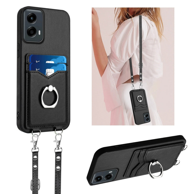 For Motorola Moto G Play 2024 5G R20 Crossbody Rope Ring Card Holder Phone Case(Black) - Motorola Cases by buy2fix | Online Shopping UK | buy2fix