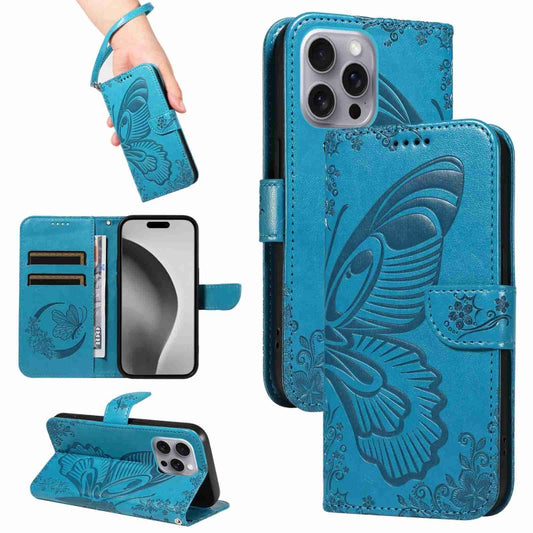 For iPhone 16 Pro Max Swallowtail Butterfly Embossed Leather Phone Case(Blue) - iPhone 16 Pro Max Cases by buy2fix | Online Shopping UK | buy2fix