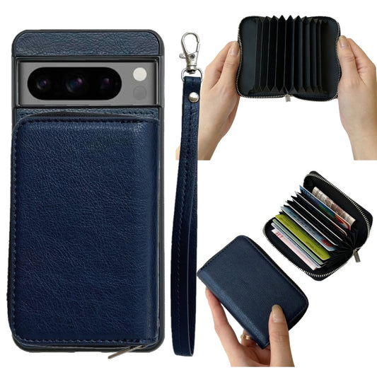 For Google Pixel 9 Pro XL Solid Color Zipper 11-Card Slots Bag Phone Case with Lanyard(Blue) - Google Cases by buy2fix | Online Shopping UK | buy2fix