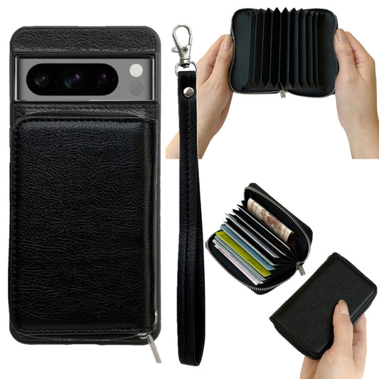 For Google Pixel 9 Pro XL Solid Color Zipper 11-Card Slots Bag Phone Case with Lanyard(Black) - Google Cases by buy2fix | Online Shopping UK | buy2fix