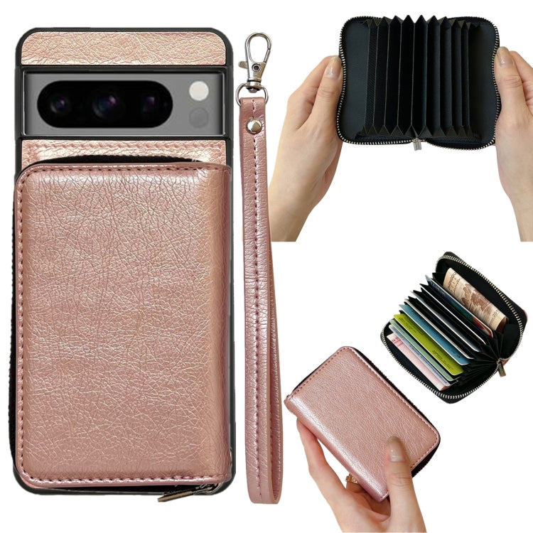 For Google Pixel 9 Pro XL Solid Color Zipper 11-Card Slots Bag Phone Case with Lanyard(Rose Gold) - Google Cases by buy2fix | Online Shopping UK | buy2fix