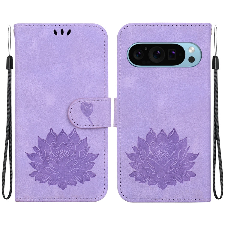 For Google Pixel 9 Pro Lotus Embossed Leather Phone Case(Purple) - Google Cases by buy2fix | Online Shopping UK | buy2fix