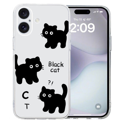 For iPhone 16 Plus Colored Drawing Pattern Transparent TPU Phone Case(Black Cat) - iPhone 16 Plus Cases by buy2fix | Online Shopping UK | buy2fix