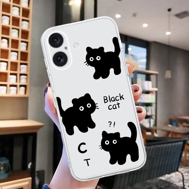 For iPhone 16 Plus Colored Drawing Pattern Transparent TPU Phone Case(Black Cat) - iPhone 16 Plus Cases by buy2fix | Online Shopping UK | buy2fix