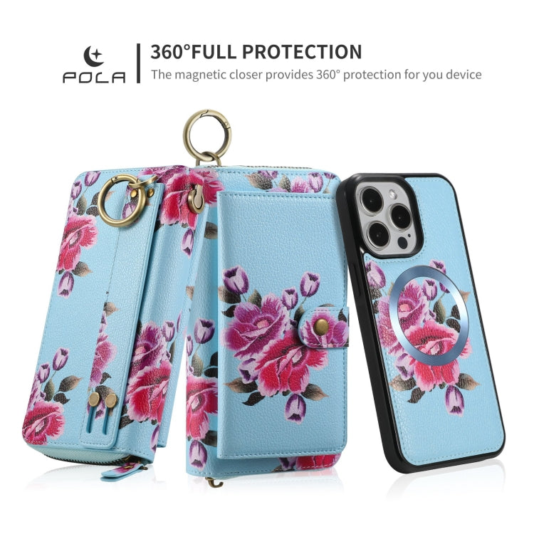 For iPhone 15 POLA MagSafe Flower Multi-functional Zipper Wallet Leather Phone Case(Sky Blue) - iPhone 15 Cases by buy2fix | Online Shopping UK | buy2fix