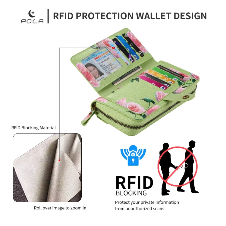 For iPhone 14 Plus POLA MagSafe Flower Multi-functional Zipper Wallet Leather Phone Case(Green) - iPhone 14 Plus Cases by buy2fix | Online Shopping UK | buy2fix