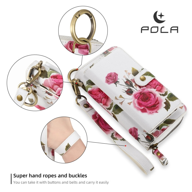 For iPhone 14 Pro POLA MagSafe Flower Multi-functional Zipper Wallet Leather Phone Case(Beige) - iPhone 14 Pro Cases by buy2fix | Online Shopping UK | buy2fix