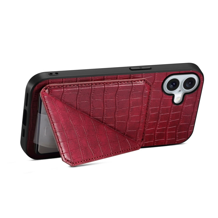 For iPhone 16 Plus Imitation Crocodile Leather Back Phone Case with Holder(Rose Red) - iPhone 16 Plus Cases by buy2fix | Online Shopping UK | buy2fix