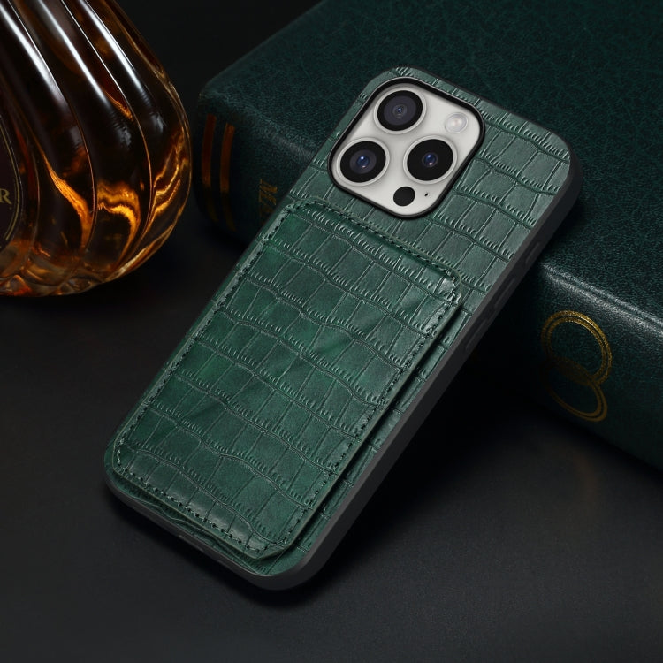 For iPhone 16 Pro Imitation Crocodile Leather Back Phone Case with Holder(Green) - iPhone 16 Pro Cases by buy2fix | Online Shopping UK | buy2fix