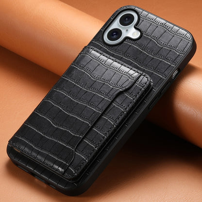 For iPhone 16 Crocodile Texture Card Bag Design Full Coverage Phone Case(Black) - iPhone 16 Cases by buy2fix | Online Shopping UK | buy2fix