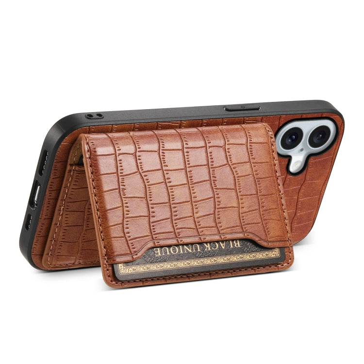 For iPhone 16 Plus Crocodile Texture Card Bag Design Full Coverage Phone Case(Brown) - iPhone 16 Plus Cases by buy2fix | Online Shopping UK | buy2fix