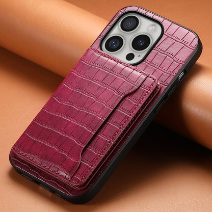 For iPhone 16 Pro Crocodile Texture Card Bag Design Full Coverage Phone Case(Red) - iPhone 16 Pro Cases by buy2fix | Online Shopping UK | buy2fix