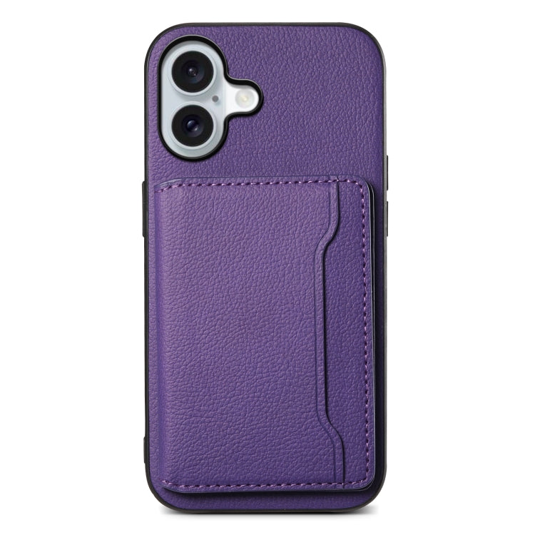 For iPhone 16 Calf Texture Card Bag Design Full Coverage Phone Case(Purple) - iPhone 16 Cases by buy2fix | Online Shopping UK | buy2fix