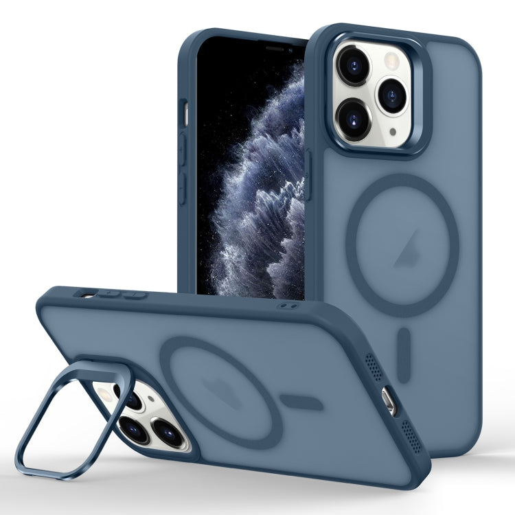 For iPhone 11 Pro Max Skin Feel Lens Holder Magsafe Phone Case(Dark Blue) - iPhone 11 Pro Max Cases by buy2fix | Online Shopping UK | buy2fix