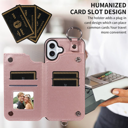 For iPhone 16 Plus Rhombic Texture Card Bag Phone Case with Short Lanyard(Rose Gold) - iPhone 16 Plus Cases by buy2fix | Online Shopping UK | buy2fix