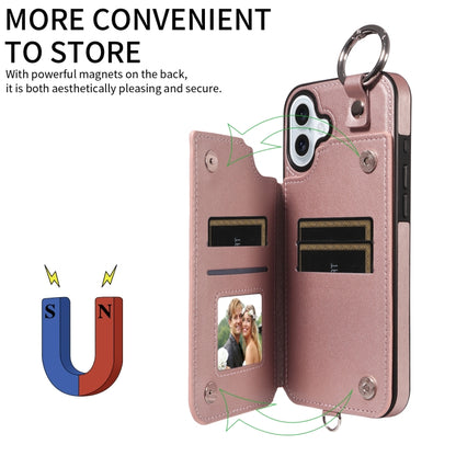 For iPhone 16 Plus Rhombic Texture Card Bag Phone Case with Short Lanyard(Rose Gold) - iPhone 16 Plus Cases by buy2fix | Online Shopping UK | buy2fix